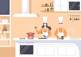 le chef cuisine dans le fond de la cuisine vecteur