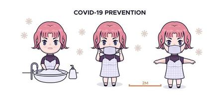 jolie fille chibi covid 19 illustration infographique de prévention vecteur