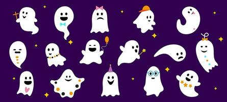 Halloween mignonne kawaii en volant des fantômes personnages ensemble vecteur
