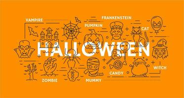 Halloween vacances personnages dans ligne art bannière vecteur