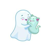 Halloween kawaii fantôme avec adorable chaton effrayer vecteur