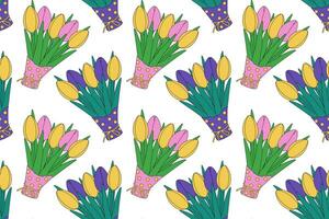 sans couture modèle de coloré printemps tulipe bouquets dans multi coloré emballage papier. Bonjour printemps vecteur