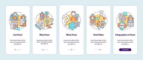 principaux types de publications virales écran de la page d'intégration de l'application mobile vecteur