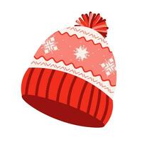 rouge tricoté chapeau avec un ornement. hiver coiffure vecteur