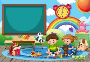 scène d'école maternelle avec deux enfants jouant des jouets dans la chambre vecteur