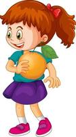 Une fille tenant un personnage de dessin animé de fruits orange isolé vecteur