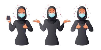 femme musulmane en masque montrant les pouces vers le haut du smartphone et haussant les épaules vecteur