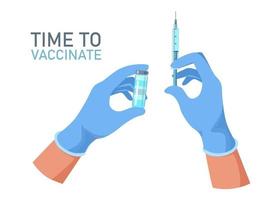mains de médecin avec des gants médicaux tenant une bouteille de vaccin et une seringue. vecteur