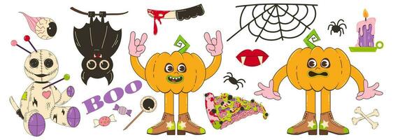 ensemble de éléments pour Halloween dans rétro dessin animé style. vecteur personnage illustration de citrouille, fantôme, effrayant poupée, la télé monstre et autre éléments.