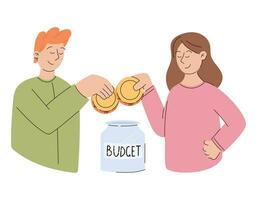 concept de famille budget et économie argent. dessin animé homme et une femme en mettant une or pièce de monnaie dans une pot. vecteur isolé plat illustration, mari et épouse transaction avec finances.