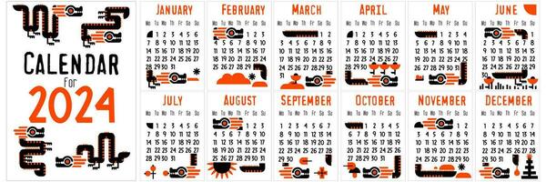 le dragon calendrier pour 2024. isolé sur une blanc Contexte. couverture et pages pour 12 mois avec saisonnier plat vecteur mignonne des illustrations dans noir et Orange couleurs. brillant géométrique animaux