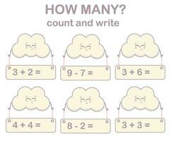 math Jeu pour enfants. compter et écrire avec mignonne nuage. imprimable des feuilles de calcul. vecteur