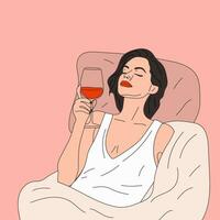 une femme les boissons une verre de du vin dans lit. vecteur. du vin temps vecteur