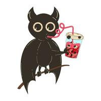 mignonne chauve souris pour Halloween. vecteur personnage illustration dans plat rétro dessin animé style. une marrant chauve souris les boissons du sang par une paille de une Plastique Coupe.