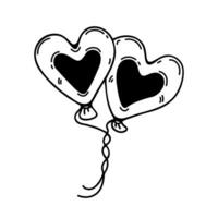 deux cœur en forme de des ballons lié avec corde, vecteur icône. de fête accessoire pour la Saint-Valentin jour, mariage, l'amour faire la fête, date. main tiré noir griffonnage isolé sur blanche. vacances clipart pour imprimer, affiches