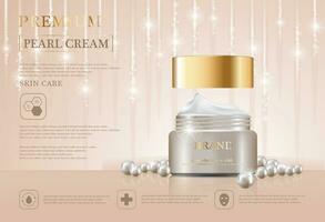 hydratant faciale crème pour annuel vente ou Festival vente. blanc perle et or crème masque bouteille isolé sur d'or lumière Contexte. gracieux cosmétique les publicités, illustration. vecteur