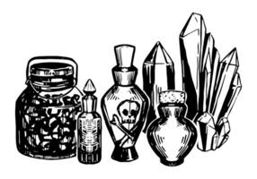 potions et poisons, cristaux, occulte articles, la sorcellerie contour photo. Halloween main tiré vecteur illustration dans rétro style. encre esquisser isolé sur blanche.