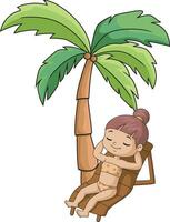 mignonne fille dessin animé relaxant sur plage chaise vecteur