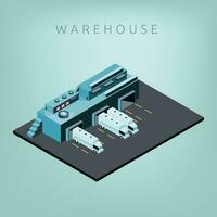 isométrique entrepôt avec camions vecteur illustration