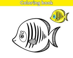 page de le des gamins coloration livre. Couleur dessin animé Jaune poisson. feuille de travail pour les enfants avec contour mer animal. vecteur contour illustration océan créature. isolé sur une blanc Contexte.