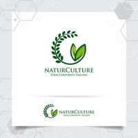 création de logo agricole avec icône de grain et vecteur de feuilles de plantes.