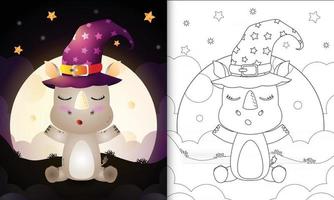 livre de coloriage avec un mignon dessin animé halloween sorcière rhinocéros devant la lune