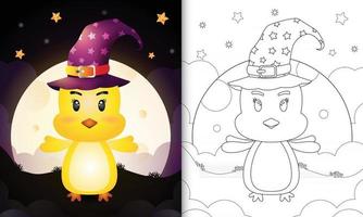 livre de coloriage avec un mignon poussin de sorcière halloween de bande dessinée devant la lune vecteur