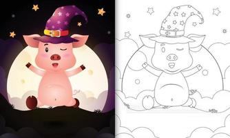 livre de coloriage avec un cochon de sorcière halloween dessin animé mignon devant la lune vecteur