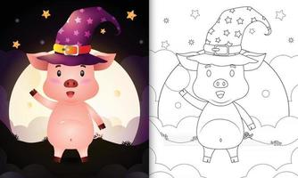 livre de coloriage avec un cochon de sorcière halloween dessin animé mignon devant la lune vecteur