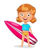 personnage de dessin animé mignon petite fille avec planche de surf vecteur