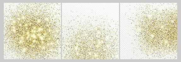 ensemble de Trois or briller confettis décors isolé sur blanc arrière-plans. fête texture avec brillant lumière effet. vecteur illustration.