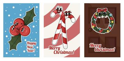 une ensemble de Nouveau année Noël cartes avec dessin animé personnages. Nouveau année, Noël couronne, bonbons cannes, du gui baies, du gui vecteur