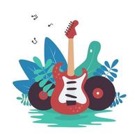 guitare électrique, disques vinyles et nature. illustration vectorielle vecteur