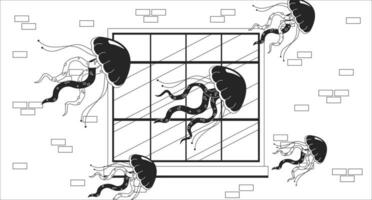 méduse flottant fenêtre surréaliste noir et blanc 2d illustration concept. rêver surréaliste contour dessin animé scène Contexte. gelée méduse par appartement extérieur métaphore monochrome vecteur art