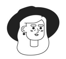 européen Sénior femme paille chapeau noir et blanc 2d vecteur avatar illustration. vieux caucasien femme contour dessin animé personnage visage isolé. âge moyen la personne plat utilisateur profil image, portrait femelle