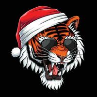 tigre tête portant Père Noël chapeau et lunettes vecteur illustration