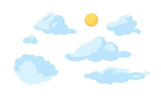 Soleil cloudscape dessin animé plat illustration. des nuages ensoleillement 2d cloudscape isolé sur blanc Contexte. temps prévision. ensoleillé cumulus. météorologie. Matin paisible ciel scène vecteur Couleur image