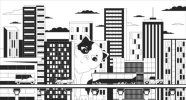 géant chat en train de regarder plus de ville noir et blanc 2d illustration concept. curieuse chaton derrière bâtiment appartement contour dessin animé scène Contexte. minou furtivement côté métaphore monochrome vecteur art