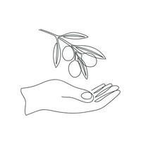 olive branche dans main tiré dans un continu doubler. un ligne dessin, minimalisme. vecteur illustration.