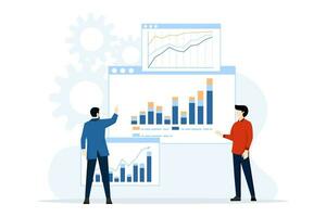 affaires Les données analytique recherche concept et Les données scientifique équipe réunion. avec affaires gens travail ensemble sur rapport graphique tableau de bord moniteur. et financier investissement Planification concept, vecteur. vecteur