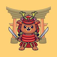 mignonne ours samouraï guerrier dessin animé vecteur icône illustration. animal mode icône concept isolé prime vecteur. plat dessin animé style