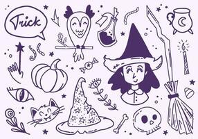 content Halloween mignonne vecteur ensemble avec sorcière, balai, baguette magique, chat, hibou, potion, sorcière chapeau isolé sur blanc Contexte. tour discours bulle caractères citation dans griffonnage style