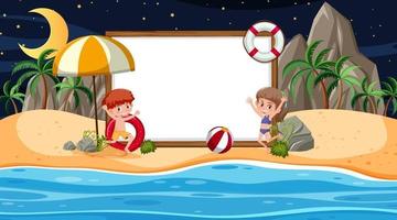 enfants en vacances à la scène de nuit de plage avec une bannière vide vecteur