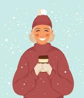 magnifique fille en portant une tasse de café, hiver et neige. café maison. vecteur illustration dans plat style