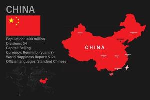 carte de chine très détaillée avec drapeau, capitale et petite carte du monde vecteur