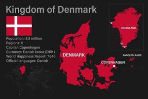 carte très détaillée du royaume du danemark avec drapeau, capitale et petite carte du monde vecteur