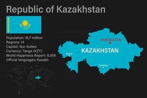 carte très détaillée du kazakhstan avec drapeau, capitale et petite carte du monde vecteur