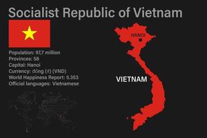 carte du vietnam très détaillée avec drapeau, capitale et petite carte du monde vecteur
