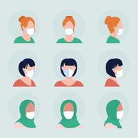 femmes avec des masques blancs jeu d'avatars de caractères vectoriels de couleur semi-plate vecteur