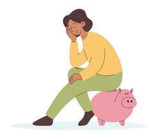 économie argent concept. dessin animé Jeune femme séance sur une porcin banque. vecteur isolé plat illustration.